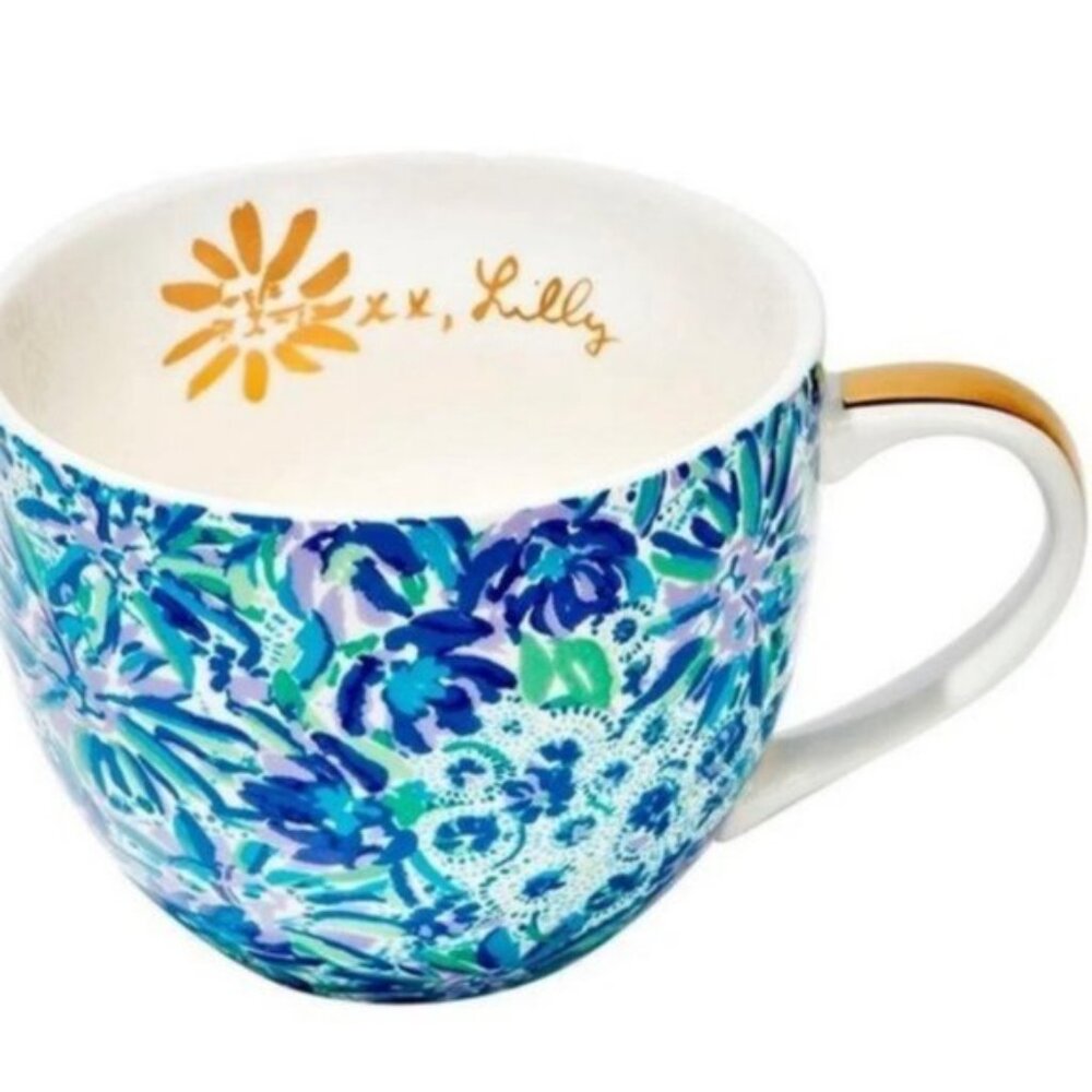 Lilly Pulitzer Ceramic Mugs | Set of 2 | 12 oz | Blue-Green Floral Print with Go - Picture 4 of 9